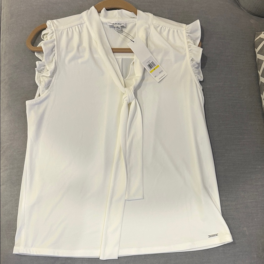 Calvin Klein White Ruffle Sleeve Blouse